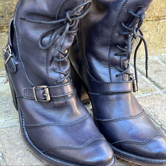 Frye Leather Sandra Tall Black Lace Up Riding/ Moto Boot 6M - Picture 2 of 10